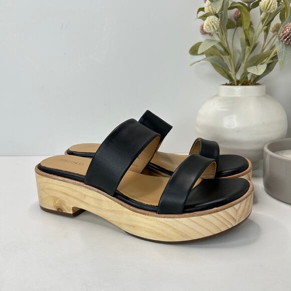 Nisolo Double-Strap Wood Bottom Heels Black Women's 7 NWOB Anthropologie - Picture 1 of 9